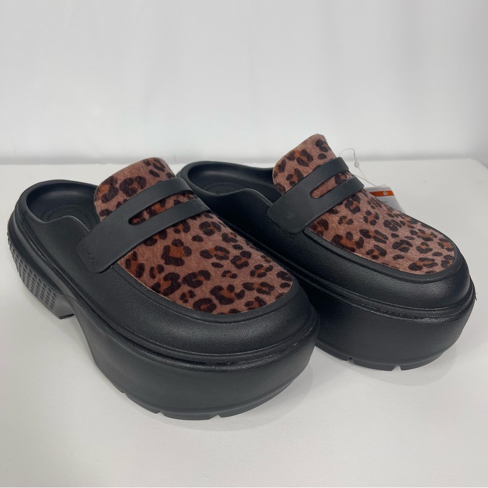 CROCS Stomp Leopard Loafer Platform Black Size 6 NEW - Picture 2 of 12